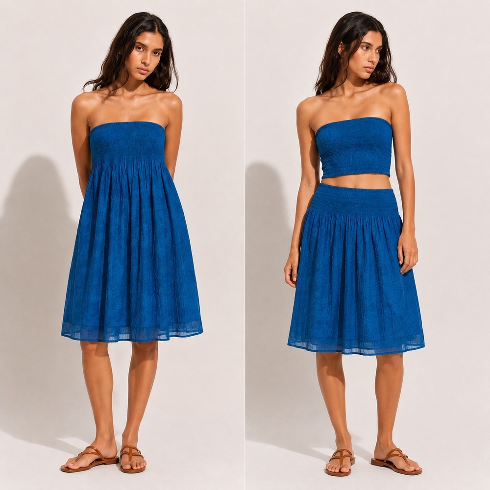 Lapis Strapless Midi Dress in Blue